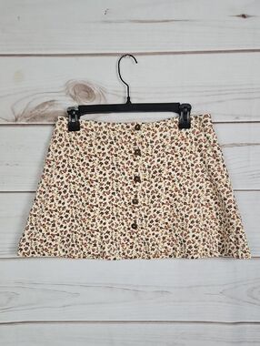 Vintage Floral Button-Front Mini Skirt - Cream with Brown & Rust Flowers